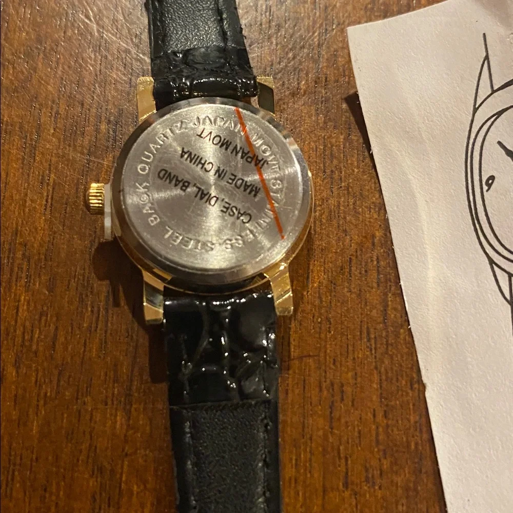 Vintage Japan movement diamond quartz Black Leather Strap Gold Watch